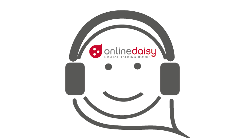Tegning af et smilende ansigt med hovedtelefoner med teksten online daisy i panden